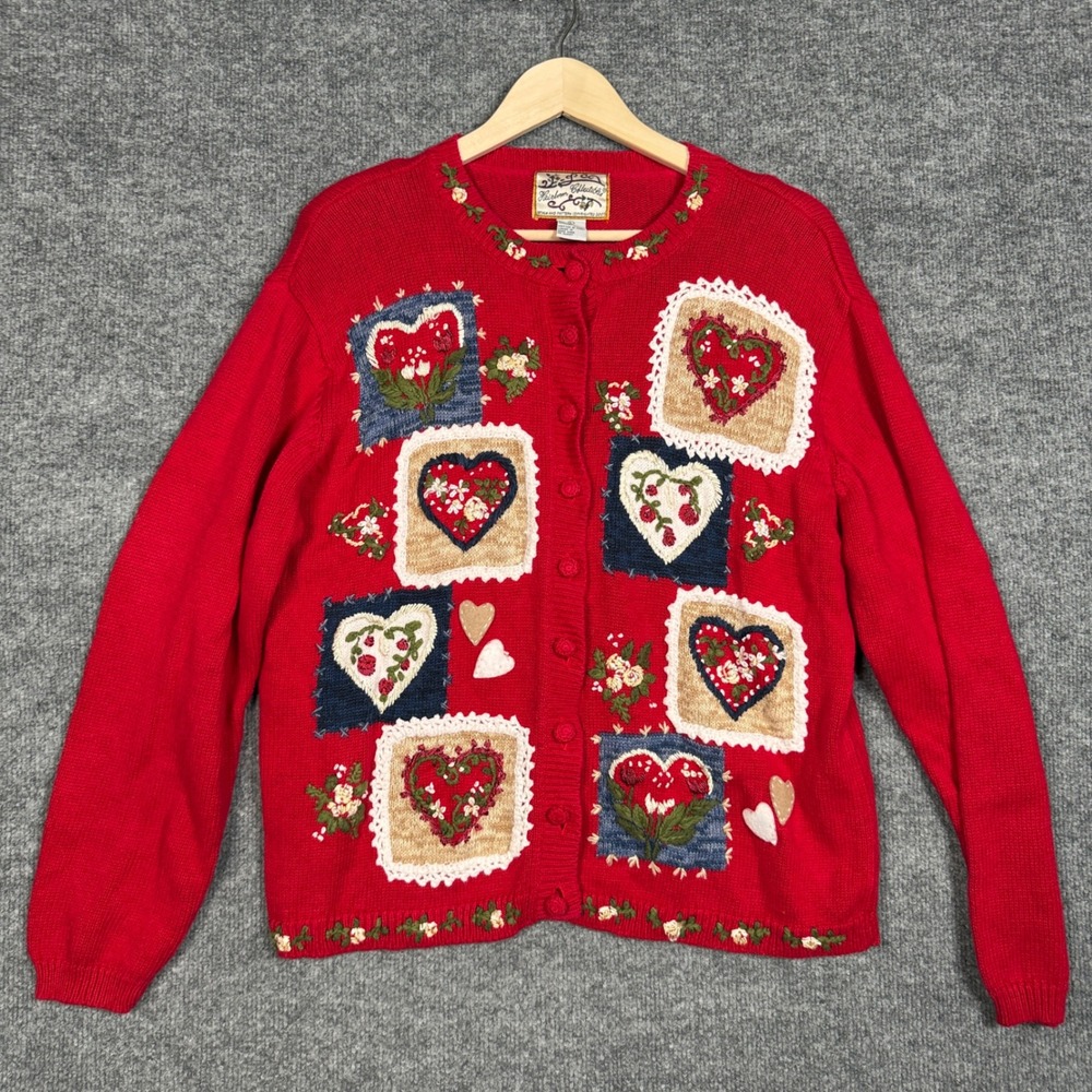 Vtg Heirloom Collectibles Large Cardigan Sweater Red Knit Embroidered Patched
